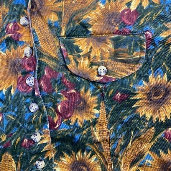 Vintage At Last Studio Cottagecore Sunflower Corn Cherry Button Up Short Sleeve - Picture 3 of 5
